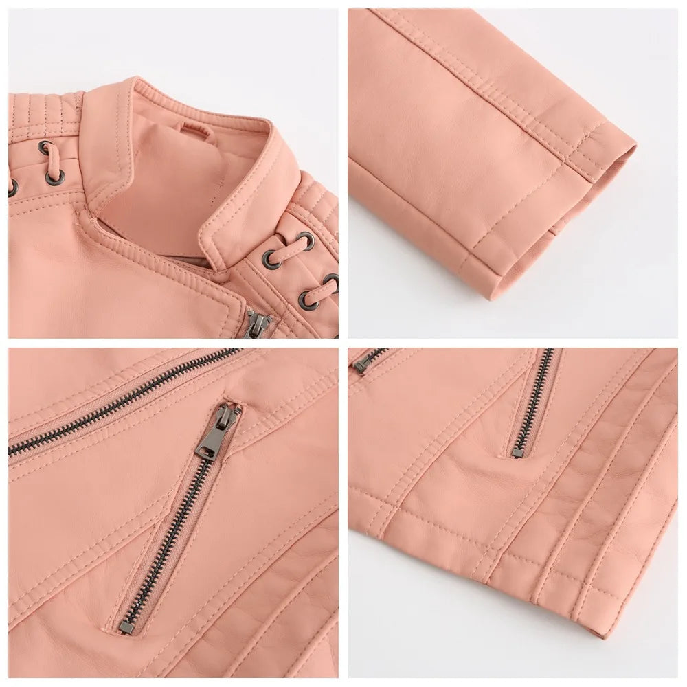 2023 primavera autunno signore giacche in pelle Moto donna colletto rovesciato cerniera Slim nero Moto e Biker giacca in pelle femminile