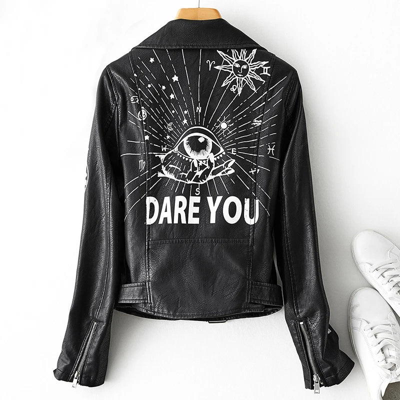Fitaylor Autunno Inverno Donna Giacca in ecopelle con stampa graffiti Lady Moto Bike Cappotto in pelle PU Giacca casual con rivetti con cintura