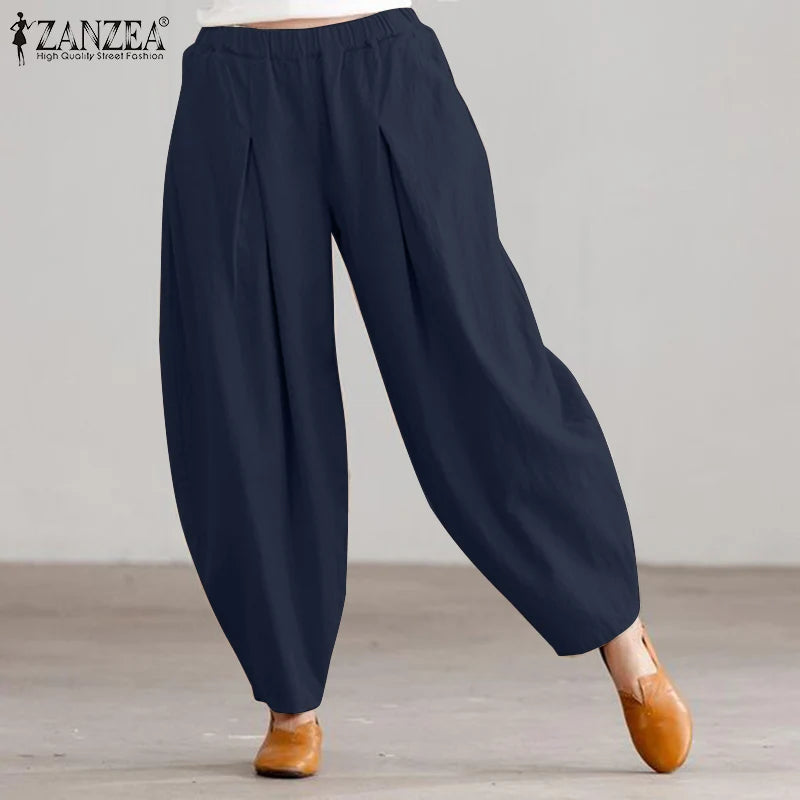 ZANZEA Estate Elastico In Vita Solido Pantaloni Donna Casual Pantaloni Larghi Elegante Allentato Gamba Larga Pantalon Vintage Cotone Rapa 2024