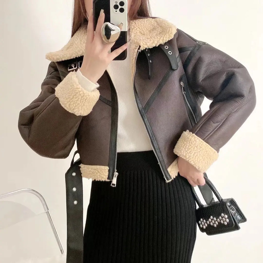 Ailegogo Inverno Donna Streetwear Giacca corta in pelliccia di agnello sintetica con cintura Moto Biker Cappotto di pelle di pecora caldo spesso Capispalla