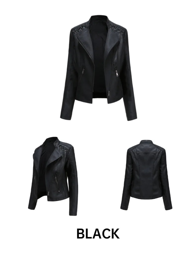 2023 primavera autunno signore giacche in pelle Moto donna colletto rovesciato cerniera Slim nero Moto e Biker giacca in pelle femminile