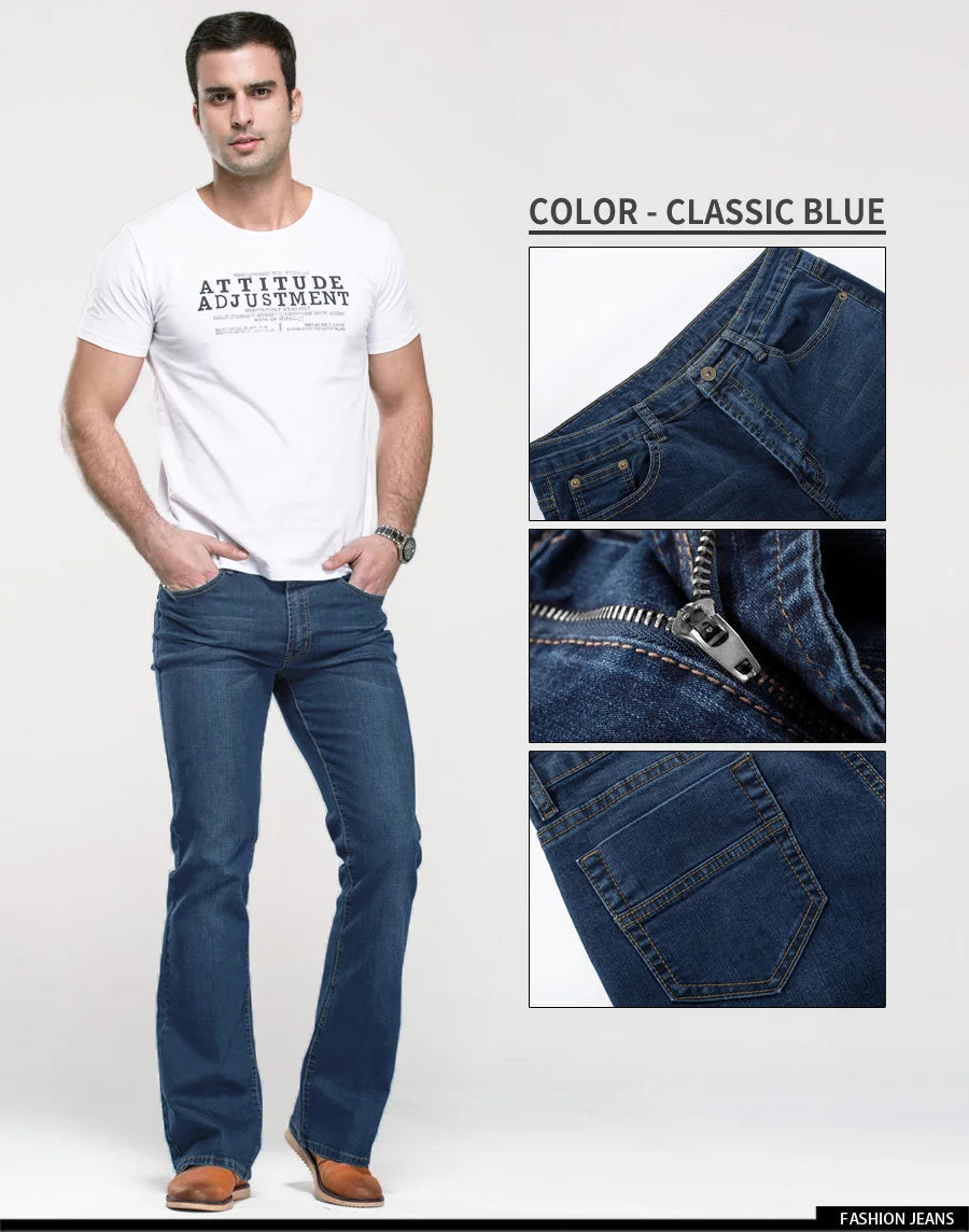 Jeans da uomo con taglio a stivale Pantaloni slim fit blu neri leggermente svasati Pantaloni classici in denim elasticizzato da uomo firmati