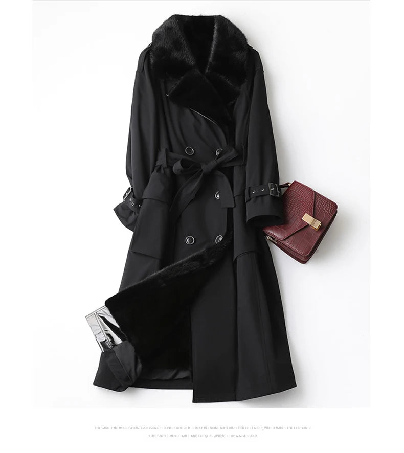 Lautaro Trench invernale lungo caldo e spesso con pelliccia sintetica, tasche interne con cintura, doppio petto, foderato in pelliccia di lusso per donna
