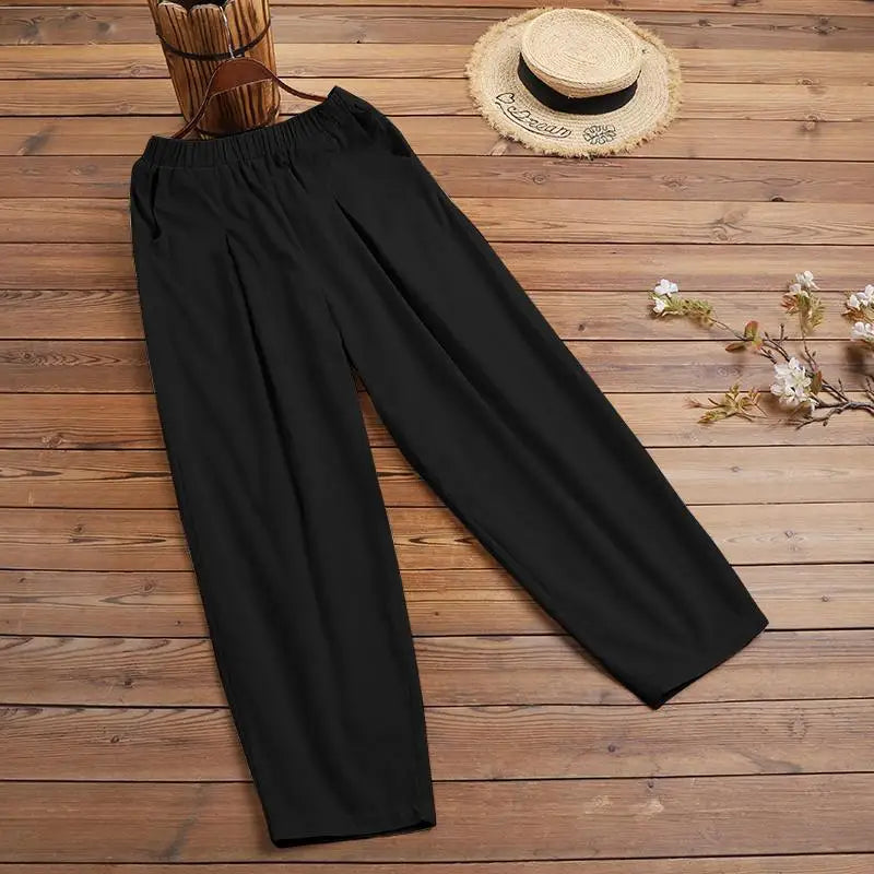 ZANZEA Estate Elastico In Vita Solido Pantaloni Donna Casual Pantaloni Larghi Elegante Allentato Gamba Larga Pantalon Vintage Cotone Rapa 2024