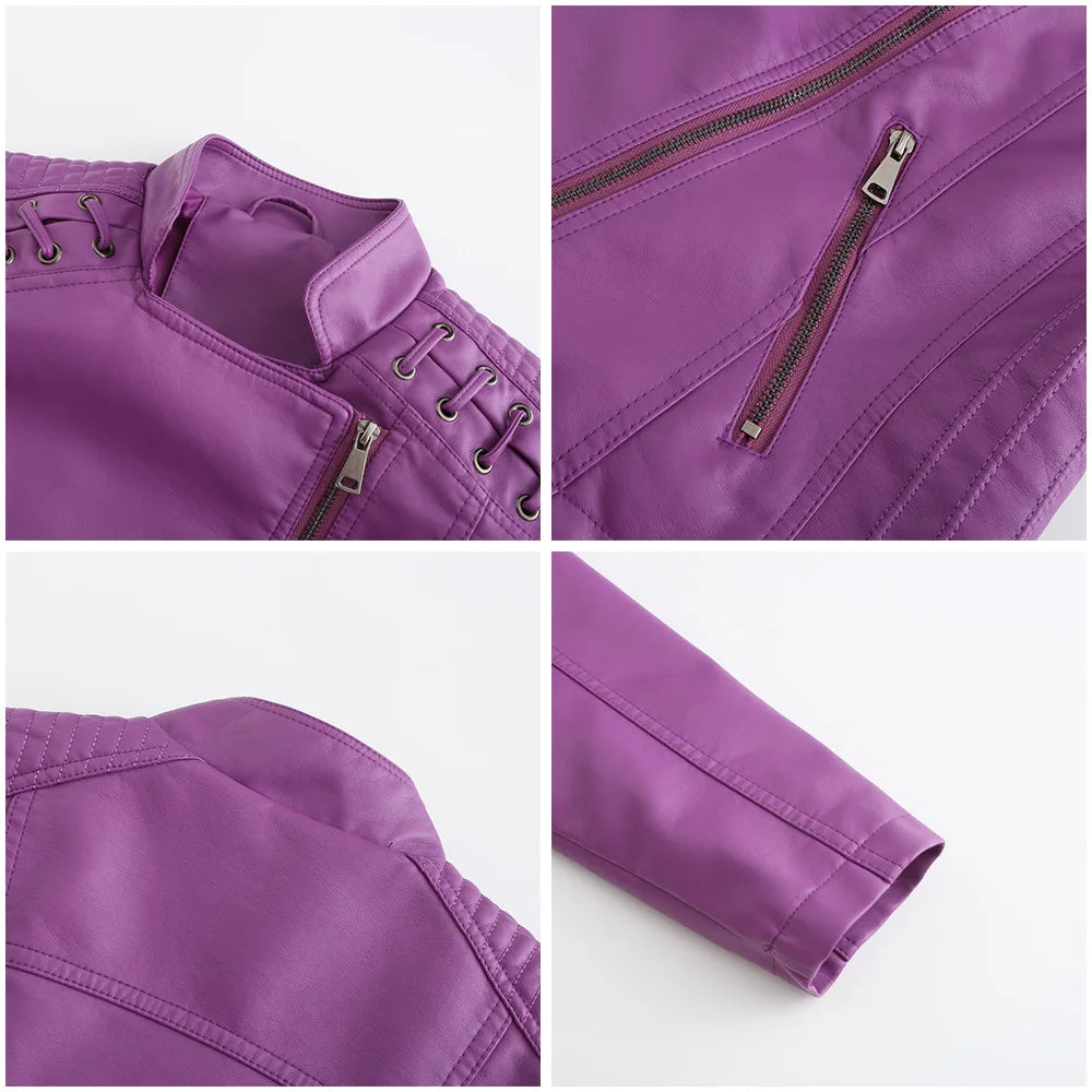 2023 primavera autunno signore giacche in pelle Moto donna colletto rovesciato cerniera Slim nero Moto e Biker giacca in pelle femminile