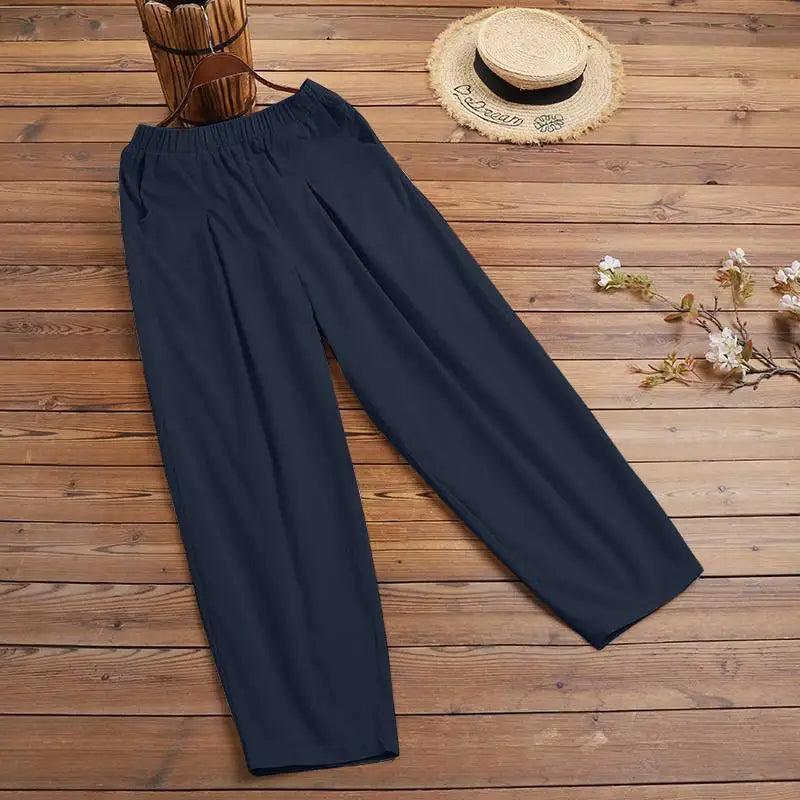 ZANZEA Estate Elastico In Vita Solido Pantaloni Donna Casual Pantaloni Larghi Elegante Allentato Gamba Larga Pantalon Vintage Cotone Rapa 2024
