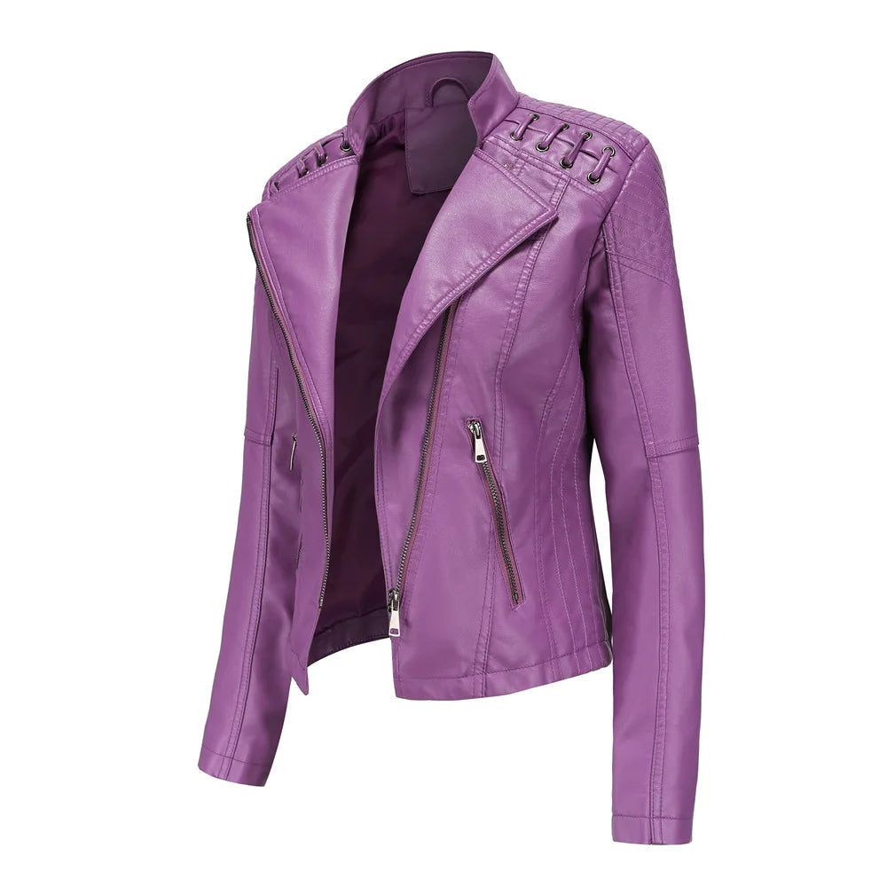 2023 primavera autunno signore giacche in pelle Moto donna colletto rovesciato cerniera Slim nero Moto e Biker giacca in pelle femminile