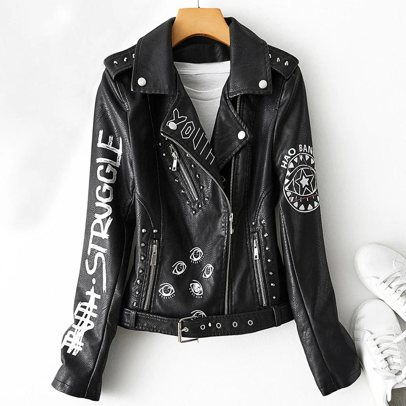 Fitaylor Autunno Inverno Donna Giacca in ecopelle con stampa graffiti Lady Moto Bike Cappotto in pelle PU Giacca casual con rivetti con cintura
