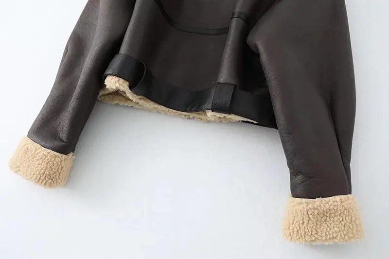 Ailegogo Inverno Donna Streetwear Giacca corta in pelliccia di agnello sintetica con cintura Moto Biker Cappotto di pelle di pecora caldo spesso Capispalla