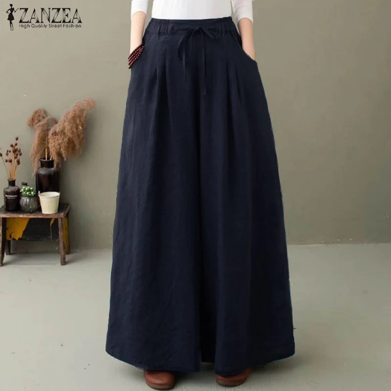 ZANZEA Pantaloni a gamba larga da donna eleganti Pantaloni autunnali Casual con coulisse Pantalon Palazzo Donna Elastico in vita Rapa oversize