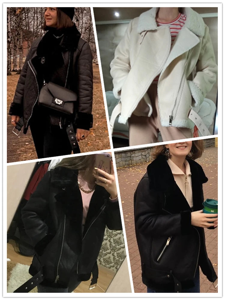 Ailegogo Cappotti Invernali Donna Spessa Pelliccia Sintetica Cappotto di Pelle di Pecora Pelliccia Femminile Giacca Impiombata Aviatore Outwear Casaco Feminino