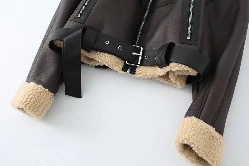 Ailegogo Inverno Donna Streetwear Giacca corta in pelliccia di agnello sintetica con cintura Moto Biker Cappotto di pelle di pecora caldo spesso Capispalla