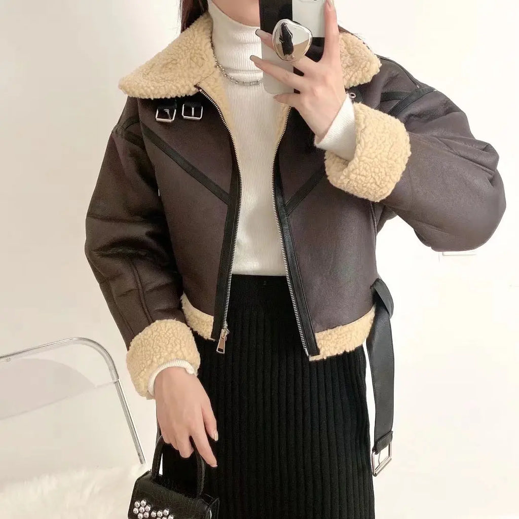 Ailegogo Inverno Donna Streetwear Giacca corta in pelliccia di agnello sintetica con cintura Moto Biker Cappotto di pelle di pecora caldo spesso Capispalla