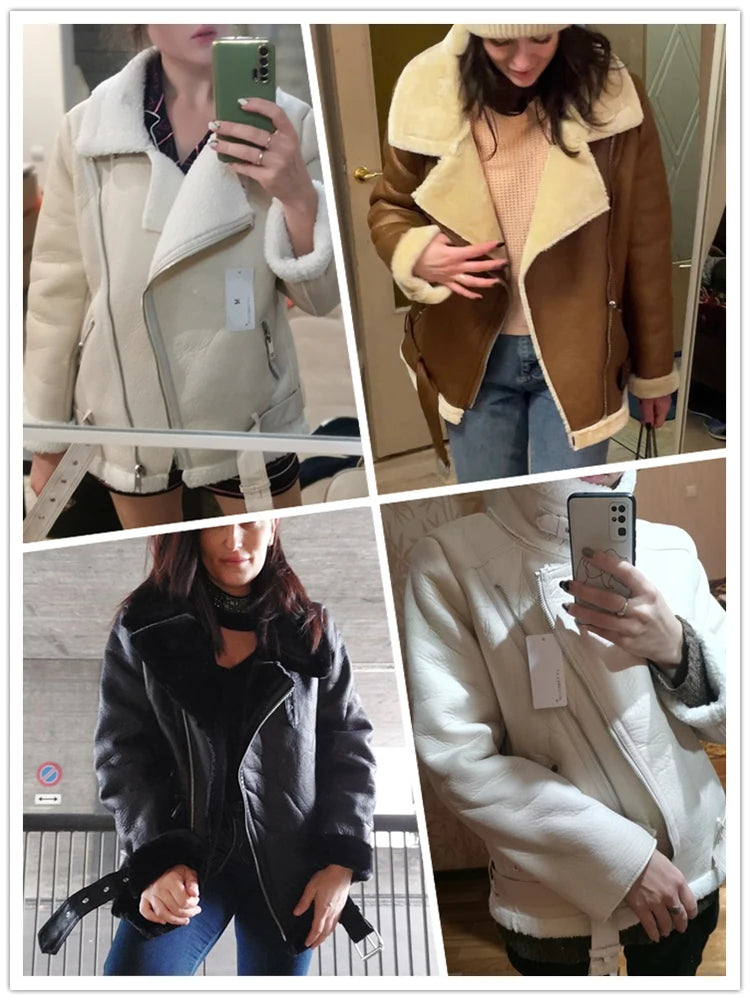 Ailegogo Cappotti Invernali Donna Spessa Pelliccia Sintetica Cappotto di Pelle di Pecora Pelliccia Femminile Giacca Impiombata Aviatore Outwear Casaco Feminino