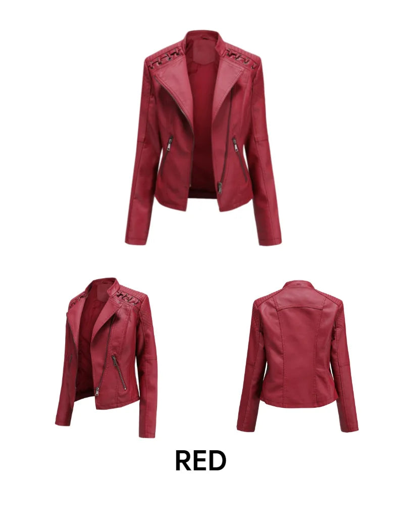 2023 primavera autunno signore giacche in pelle Moto donna colletto rovesciato cerniera Slim nero Moto e Biker giacca in pelle femminile