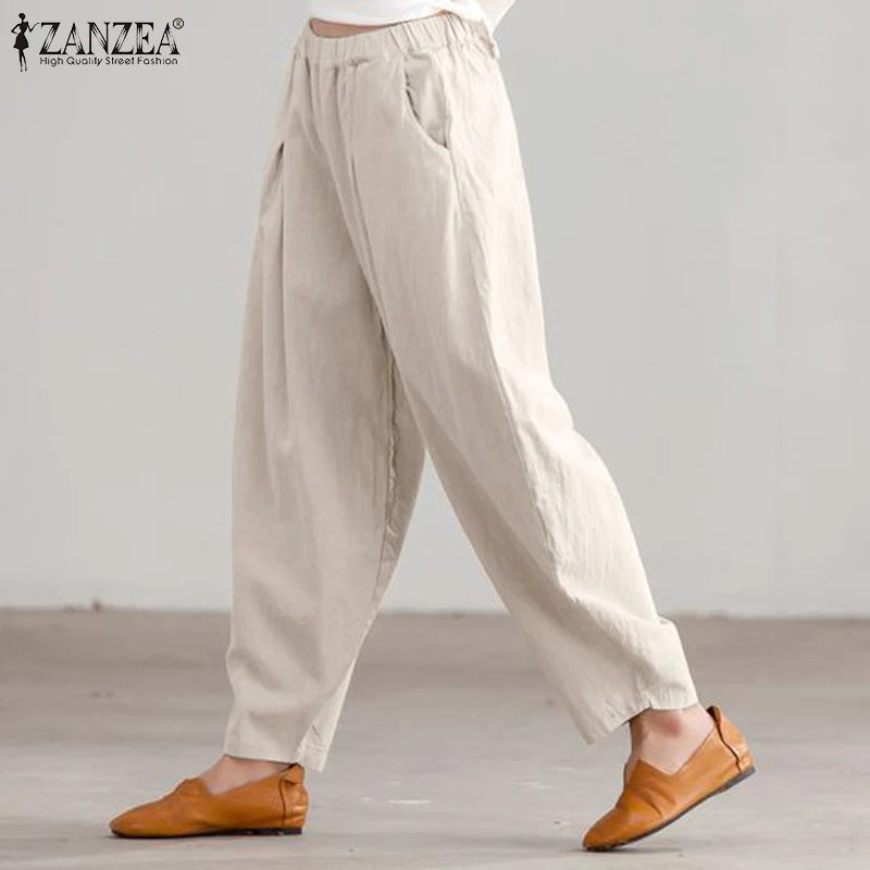 ZANZEA Estate Elastico In Vita Solido Pantaloni Donna Casual Pantaloni Larghi Elegante Allentato Gamba Larga Pantalon Vintage Cotone Rapa 2024