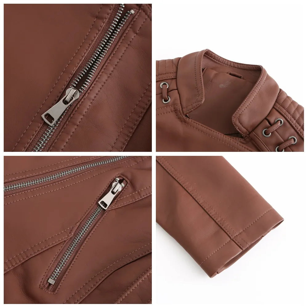 2023 primavera autunno signore giacche in pelle Moto donna colletto rovesciato cerniera Slim nero Moto e Biker giacca in pelle femminile