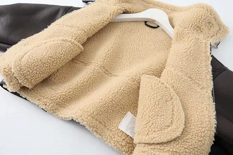 Ailegogo Inverno Donna Streetwear Giacca corta in pelliccia di agnello sintetica con cintura Moto Biker Cappotto di pelle di pecora caldo spesso Capispalla
