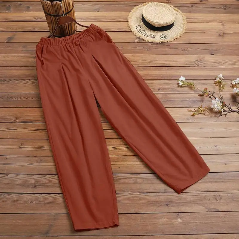 ZANZEA Estate Elastico In Vita Solido Pantaloni Donna Casual Pantaloni Larghi Elegante Allentato Gamba Larga Pantalon Vintage Cotone Rapa 2024