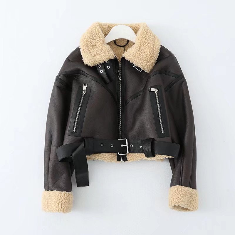 Ailegogo Inverno Donna Streetwear Giacca corta in pelliccia di agnello sintetica con cintura Moto Biker Cappotto di pelle di pecora caldo spesso Capispalla
