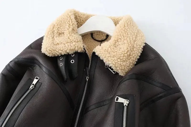 Ailegogo Inverno Donna Streetwear Giacca corta in pelliccia di agnello sintetica con cintura Moto Biker Cappotto di pelle di pecora caldo spesso Capispalla