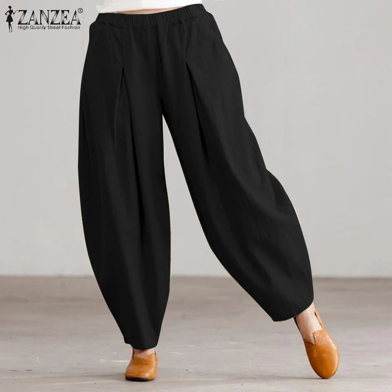 ZANZEA Estate Elastico In Vita Solido Pantaloni Donna Casual Pantaloni Larghi Elegante Allentato Gamba Larga Pantalon Vintage Cotone Rapa 2024