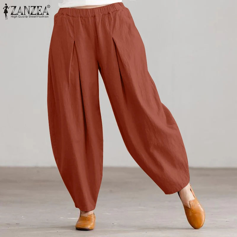 ZANZEA Estate Elastico In Vita Solido Pantaloni Donna Casual Pantaloni Larghi Elegante Allentato Gamba Larga Pantalon Vintage Cotone Rapa 2024
