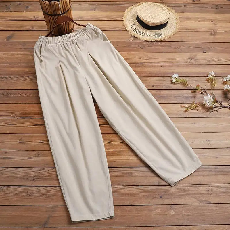 ZANZEA Estate Elastico In Vita Solido Pantaloni Donna Casual Pantaloni Larghi Elegante Allentato Gamba Larga Pantalon Vintage Cotone Rapa 2024