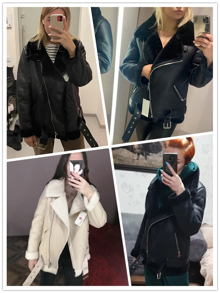 Ailegogo Cappotti Invernali Donna Spessa Pelliccia Sintetica Cappotto di Pelle di Pecora Pelliccia Femminile Giacca Impiombata Aviatore Outwear Casaco Feminino