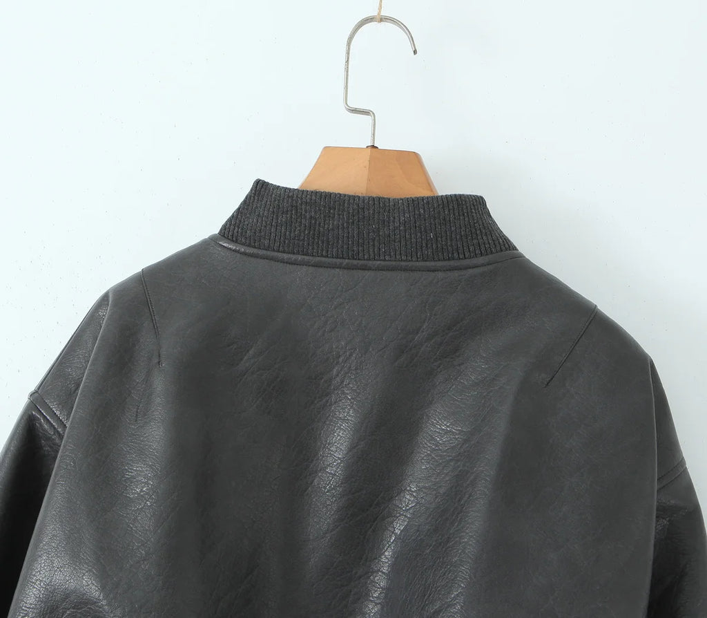Giacca in Pelle PU Y2K COOL da Donna con Collo a V, Maniche Lunghe, Cerniera, Imbottita, Corta e Larga, Grigia