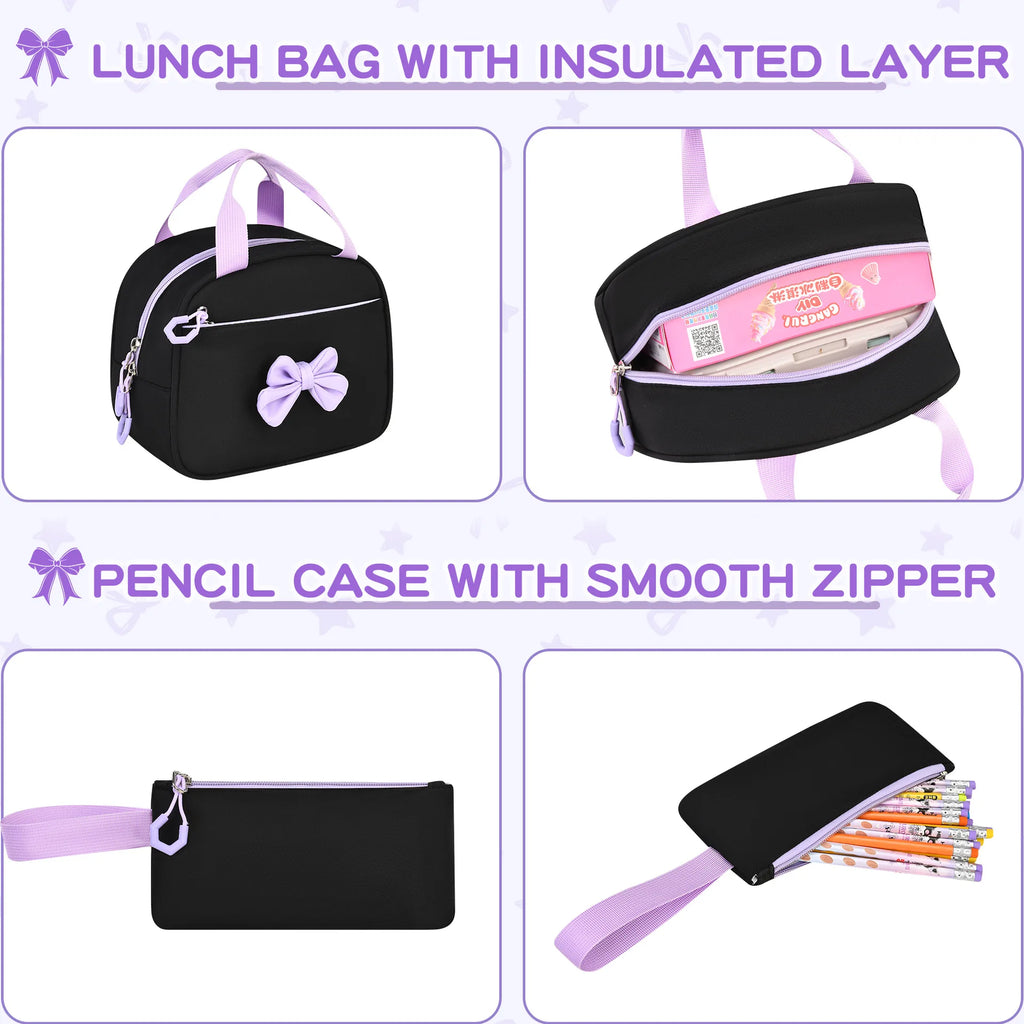 Zaino scolastico elementare multitasche per ragazze, zaino ergonomico impermeabile con fiocco, set di zaini per viaggi all'aperto e uso quotidiano
