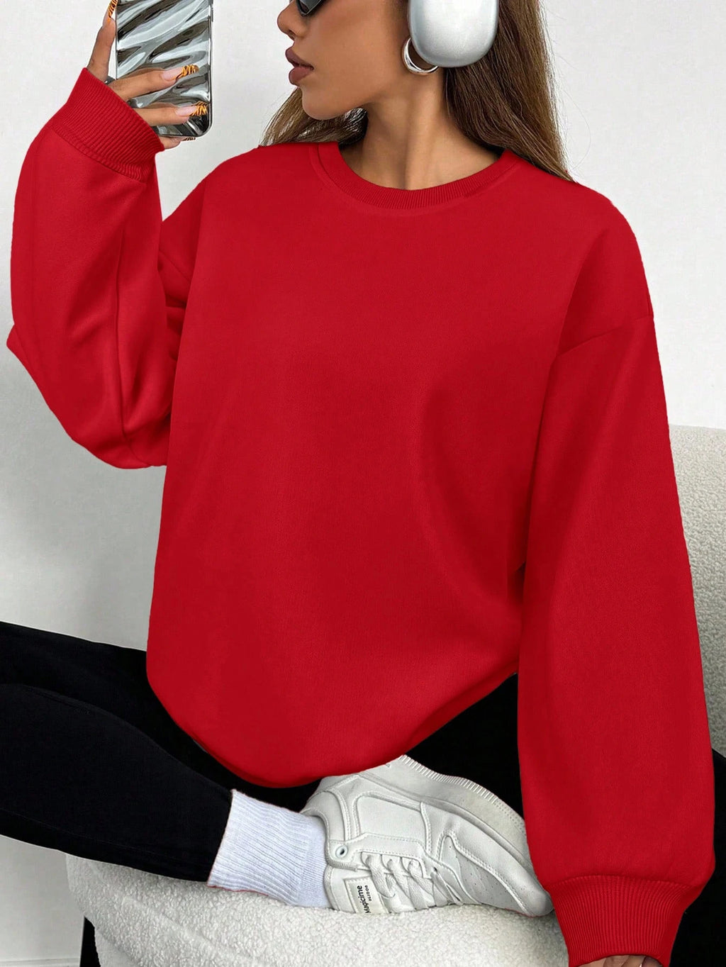 Felpa da donna casual semplice tinta unita ampia a maniche lunghe versione oversize o-collo top basic primavera/autunno streetwear