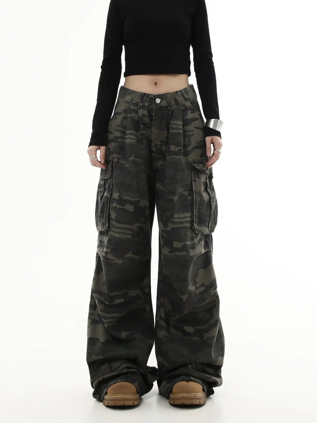 Pantaloni Cargo mimetici donna Y2K Streetwear Jeans a vita bassa pantaloni a gamba larga retrò pantaloni dritti in Denim Harajuku