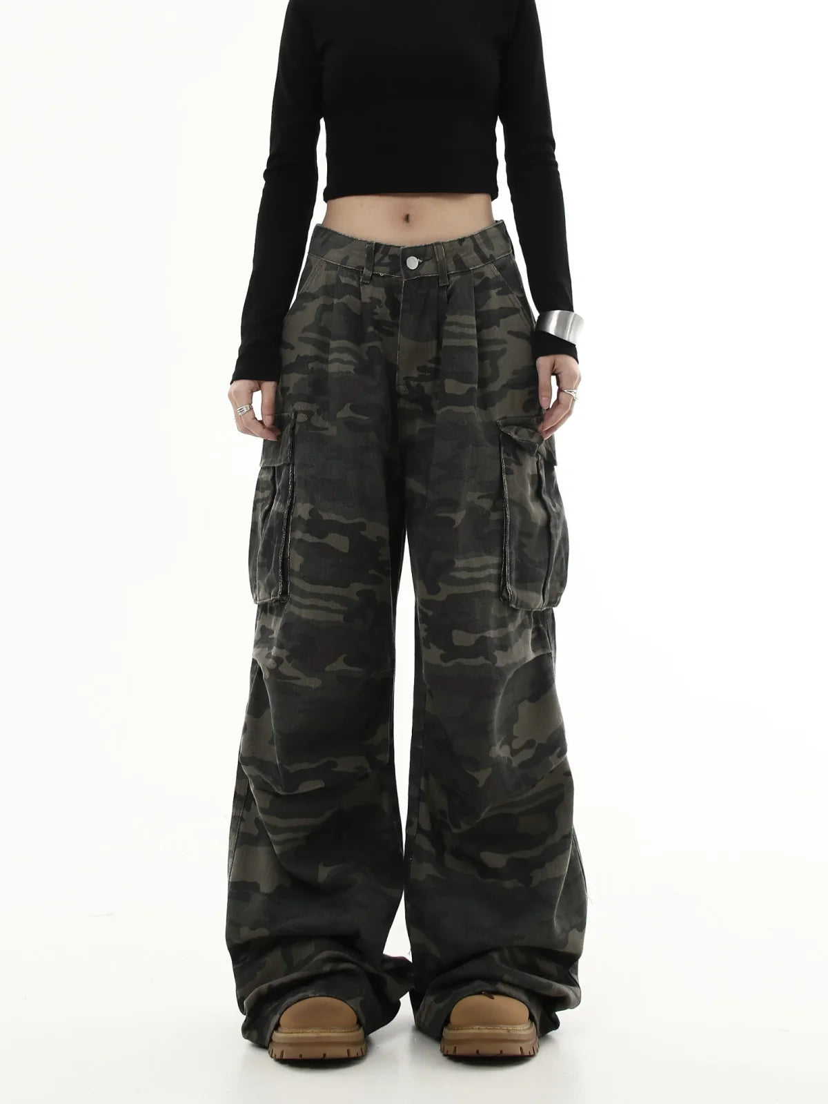 Pantaloni Cargo mimetici donna Y2K Streetwear Jeans a vita bassa pantaloni a gamba larga retrò pantaloni dritti in Denim Harajuku