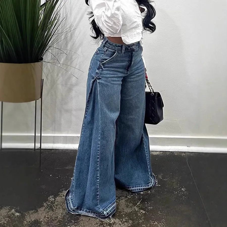Pantaloni jeans svasati a gamba larga larghi alla moda casual impiombati da donna di nuova moda europea americana Pantaloni jeans streetwear femminili