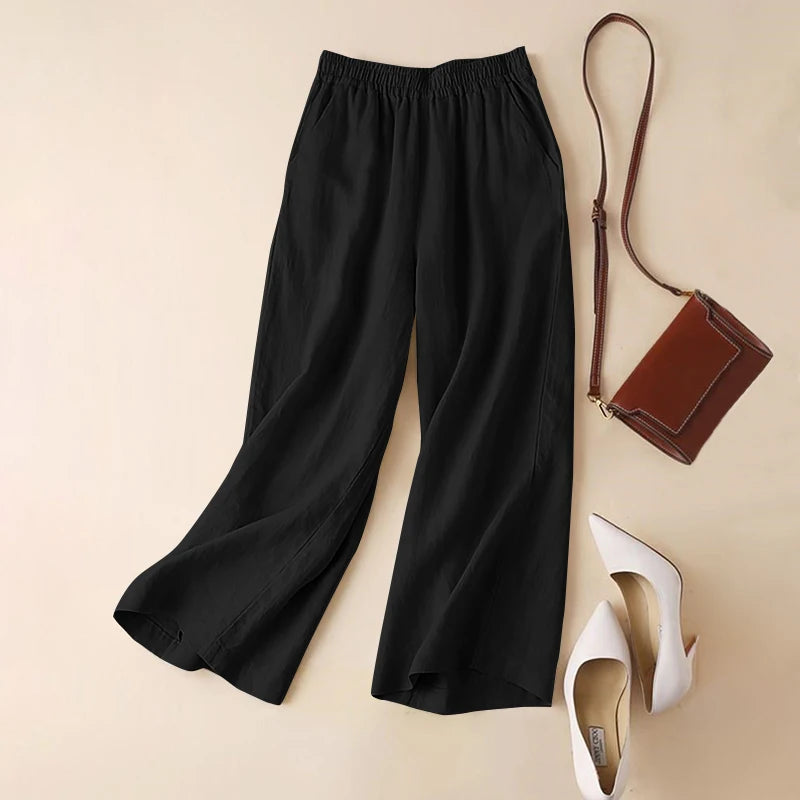 ZANZEA-Pantaloni Estivi da Donna in Cotone e Lino con Vita Elastica, Gamba Larga, Casual, Leggeri, Tinta Unita, Pantaloni Palazzo