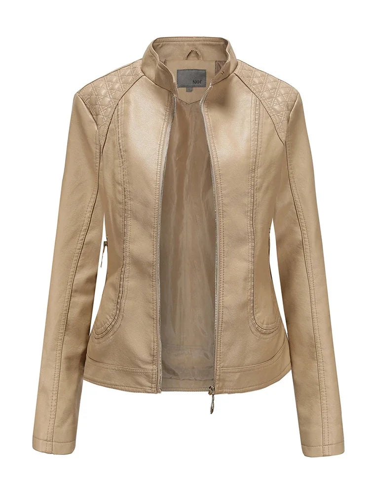 Elegante giacca da donna con collo alto 2022 modello femminile tridimensionale cappotto S-4XL nuove donne giacca in ecopelle Pu