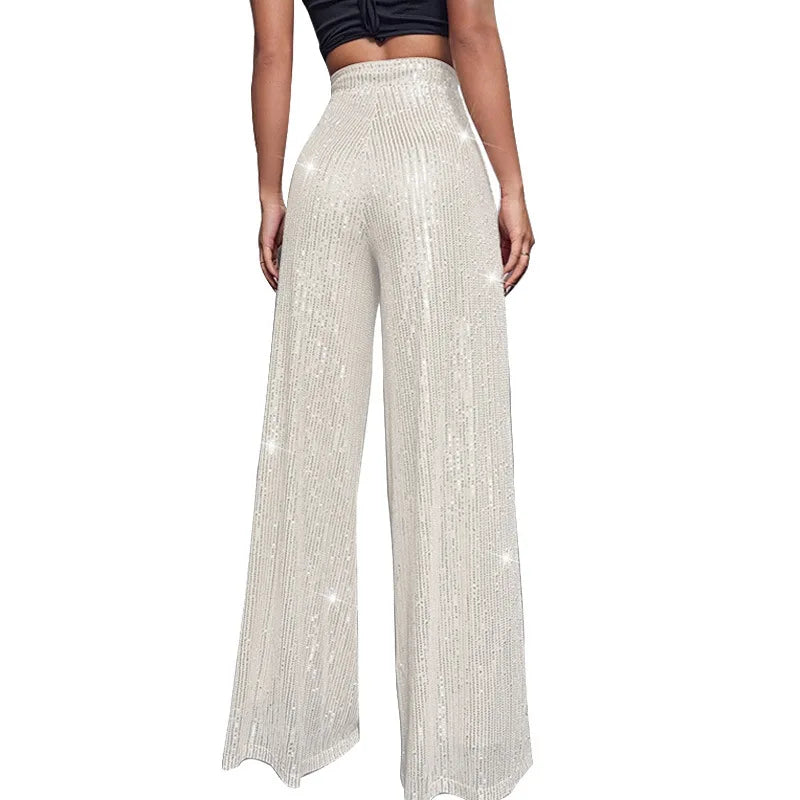 Pantaloni da donna, abbigliamento femminile, vestiti alla moda, pantaloni casual con paillettes, pantaloni eleganti, ampi e fluidi, a gamba larga, hwy5623