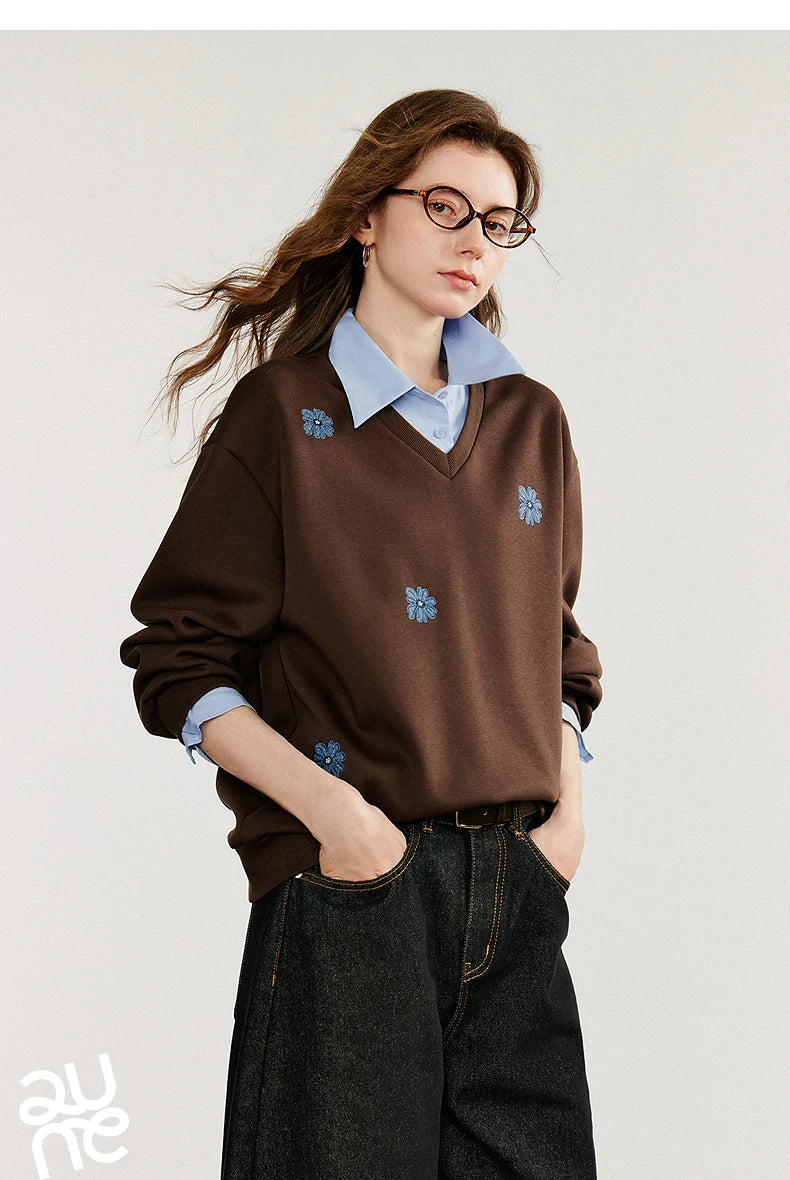 TOYOUTH Felpa da donna 2025 Autunno Nuovo Denim Fiore Ricamo Falso in due pezzi Splicing Colletto rovesciato Pullover casual in cotone