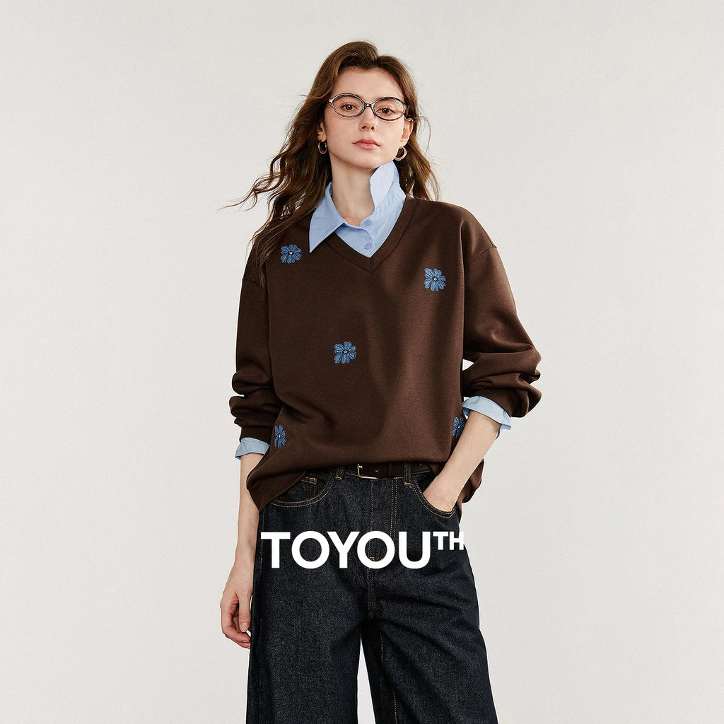 TOYOUTH Felpa da donna 2025 Autunno Nuovo Denim Fiore Ricamo Falso in due pezzi Splicing Colletto rovesciato Pullover casual in cotone