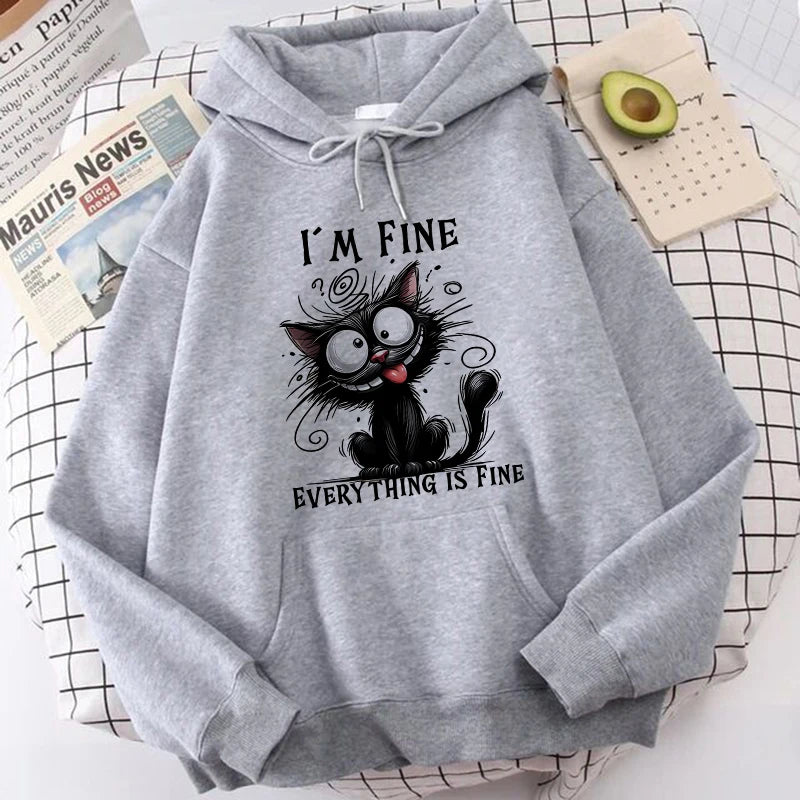 Felpe Y2k vintage da donna Abiti casual con cappuccio Pullover Kawaii Ho bene Tutto è bene Felpe con cappuccio stampate con gatto sarcastico