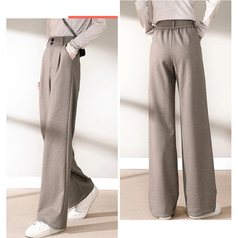 2024 Autunno Inverno Donna Pantaloni di lana concisi Lady Gamba larga Designer Pantaloni esterni Donna Addensare Pantaloni drappeggiati a vita alta