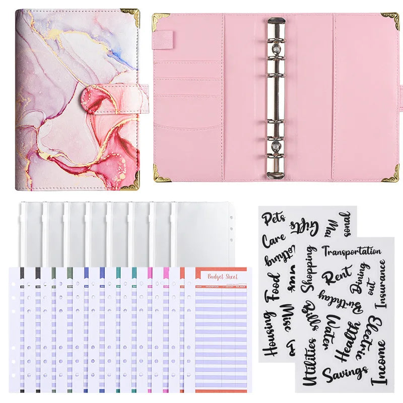 1spc budget card 12 sheets+zipper bag 8 sheets+2 sheets English stickers A6 leather retro marble pattern copper corner accountin