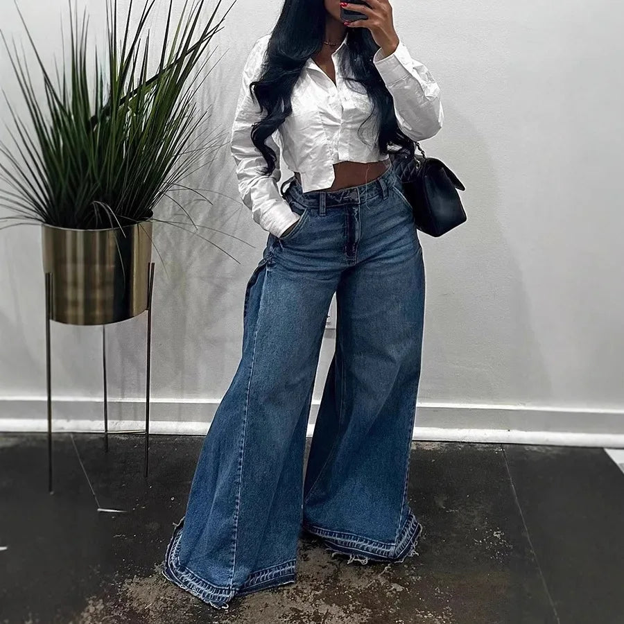 Pantaloni jeans svasati a gamba larga larghi alla moda casual impiombati da donna di nuova moda europea americana Pantaloni jeans streetwear femminili