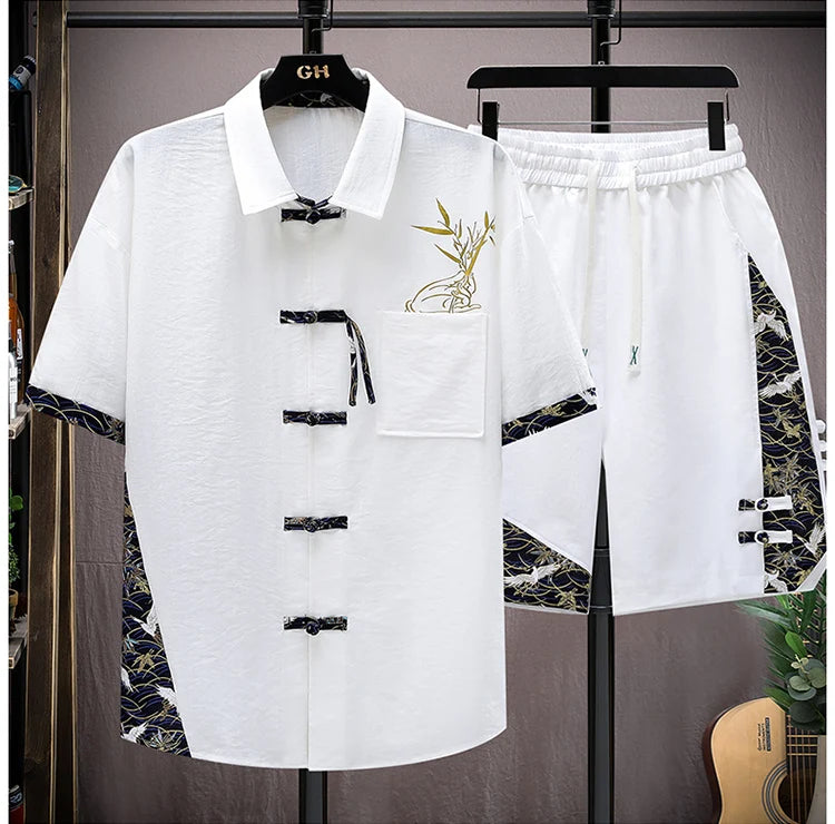 Set estivi uomo moda stampa camicia a maniche corte pantaloncini due pezzi uomo stile cinese Set sciolto Set corto da uomo