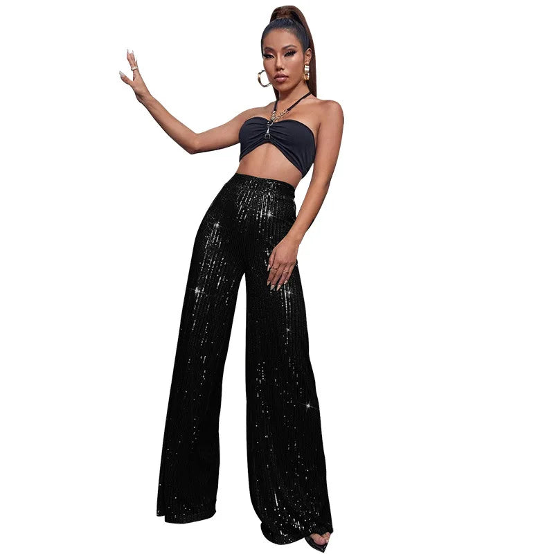 Pantaloni da donna, abbigliamento femminile, vestiti alla moda, pantaloni casual con paillettes, pantaloni eleganti, ampi e fluidi, a gamba larga, hwy5623