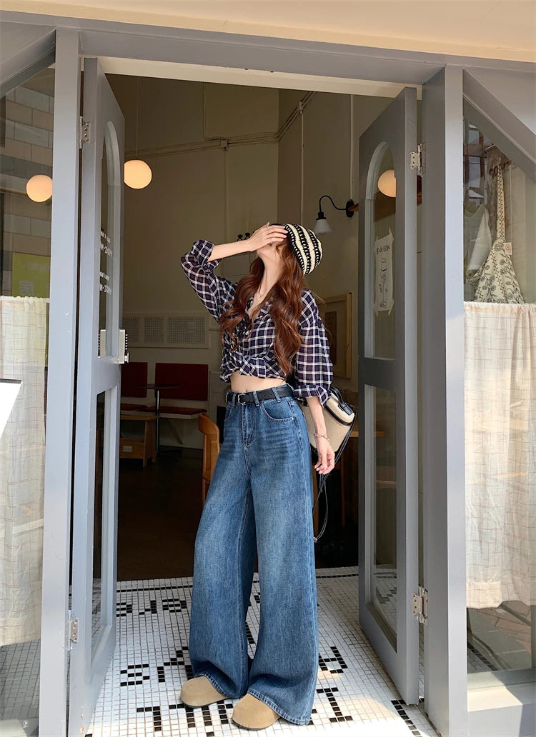 Jeans a Vita Alta Stile Americano, Gamba Larga, per Donna, Autunno Inverno, Vestibilità Comoda, Pantaloni Lunghi, Taglio Dritto, Casual, Denim Blu, Effetto Snellente