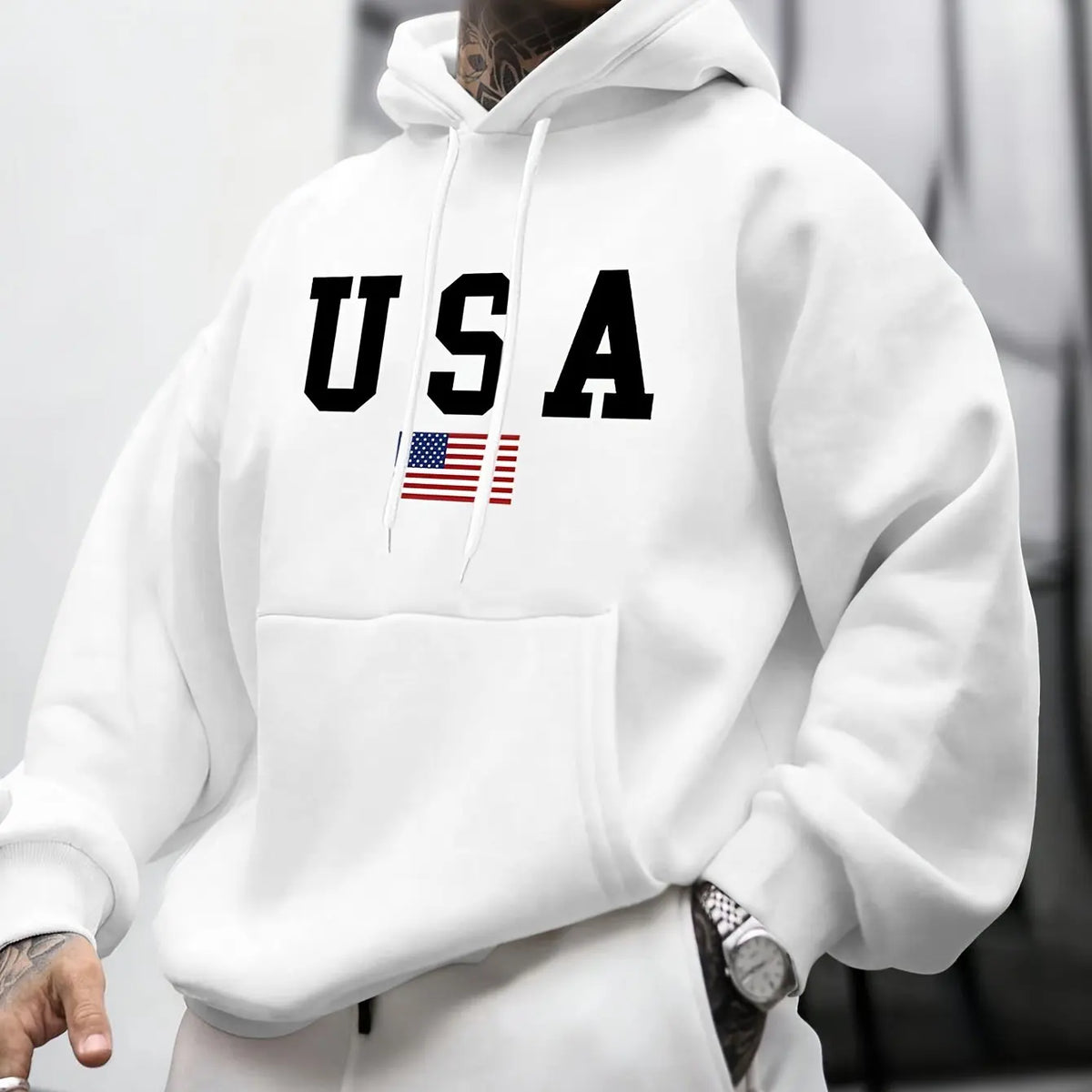 Felpa con Cappuccio da Uomo Autunno-Inverno, Moda Casual, Stampa Grafica Bandiera Americana, Maniche Lunghe, Pullover Caldo