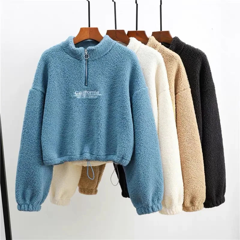 Felpe con cappuccio ritagliate in pile con ricamo a lettera da donna felpe con coulisse a maniche lunghe autunnali nuove magliette Casual in velluto di peluche