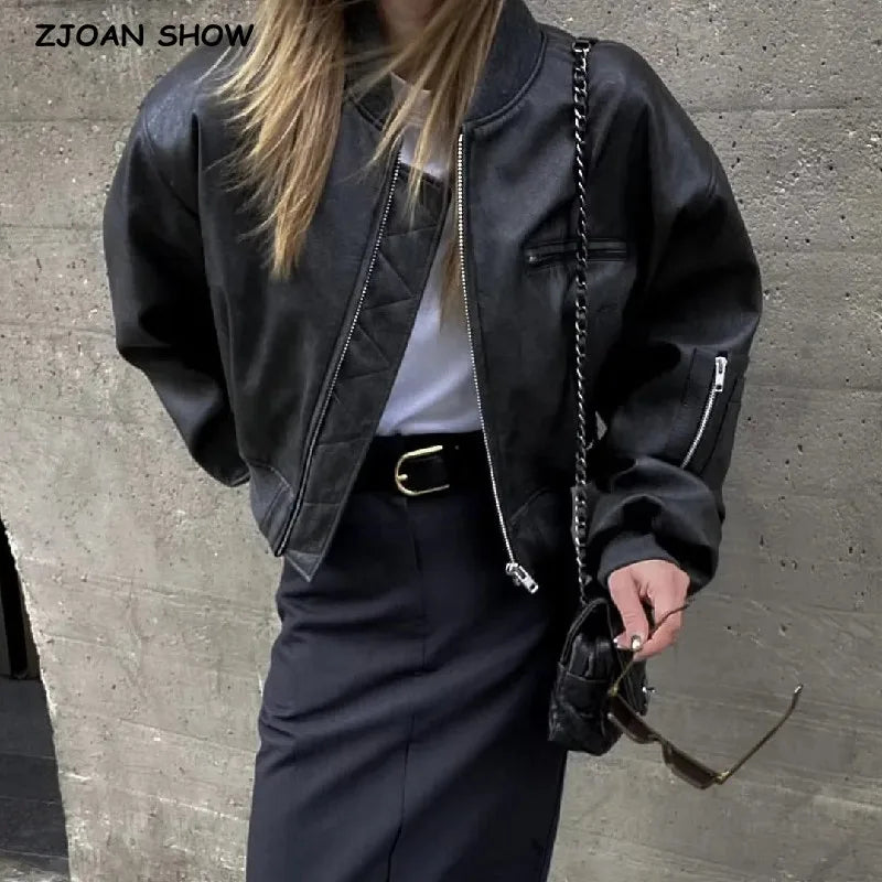 Giacca in Pelle PU Y2K COOL da Donna con Collo a V, Maniche Lunghe, Cerniera, Imbottita, Corta e Larga, Grigia